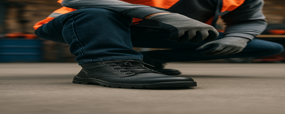 Industrial worker wearing steel toe safety boots on a workshop floor – durable protective footwear supplied by Jones & Clark